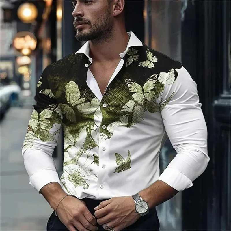 2024 Leisure Fashion Business Men\'s High -quality Butterfly Patterns Long -sleeved Shirts lapel comfortable and soft men 6xl