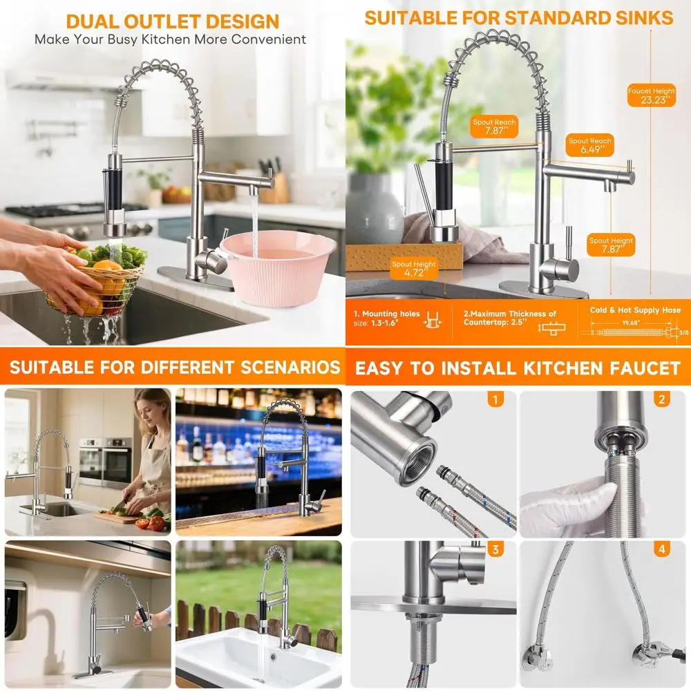 

High-Pressure Single Handle Pull-Down Sprayer Brushed Nickel Kitchen Faucet with Double-Headed Spring Stainless Steel Sink Fauce
