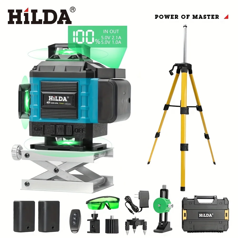 

HILDA 16 Line Self Balancing Laser Horizontal 4x360°with 2 Batteries Plastic Box Yellow Tripod Green Beam Precise Alignment Tool