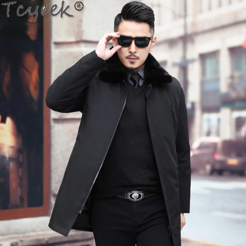 

Tcyeek High-end Mink Fur Natural Coats Winter Warm Mens Fur Coat Slim 2023 Fashion Mid-length Parka Men Clothes Mink Fur Collar