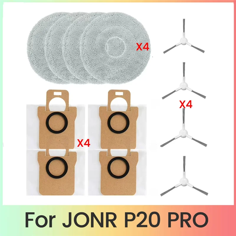 A21F-12PCS For JONR P20 Pro Robot Vacuum Cleaner Accessories Replacement Washable Side Brush Mop Cloth Dust Bag
