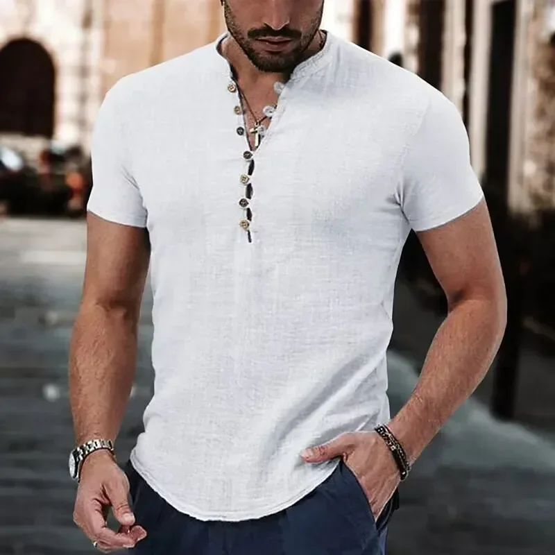 Men's Linen Casual Plain V-Neck Summer Casual Shirt