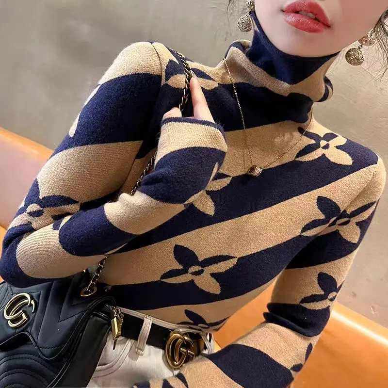 Autumn Winter Vintage All-match Turtleneck Slim Sweaters Women Clothing Fashion Striped Long Sleeve Knit Pullovers Lady Chic Top