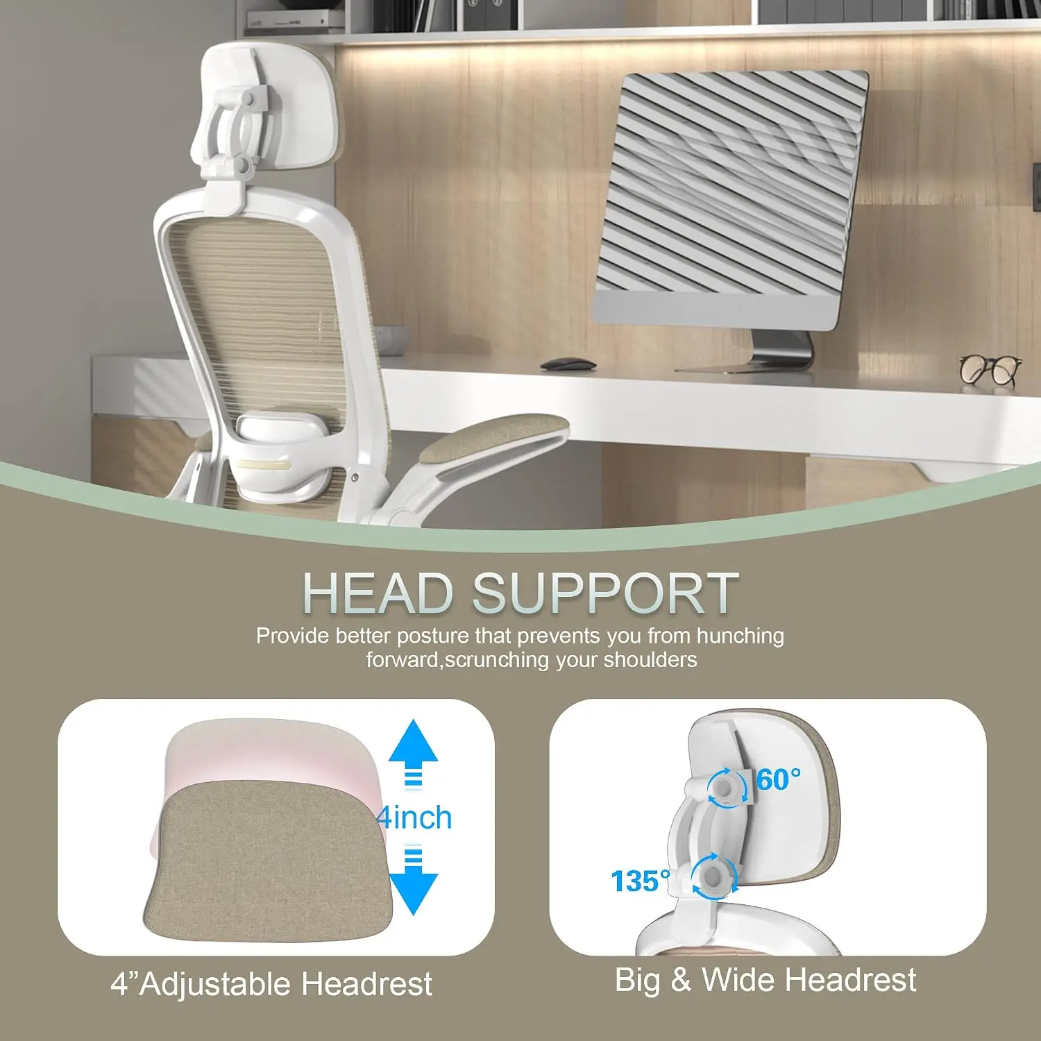High Back Office Chair Ergonomic Desk Seat Adjustable Lumbar Support Headrest Swivel Task Chair Flip Up Armrests Guitar Playing