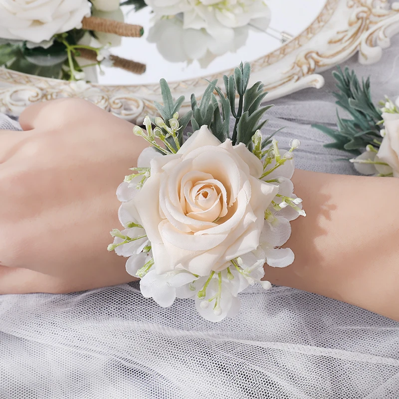 

Bride Wrist Corsage Bridesmaid Wedding Bracelet Pink Silk Flower Wristband Bracelet Bridegroom Brooches Wedding Accessories