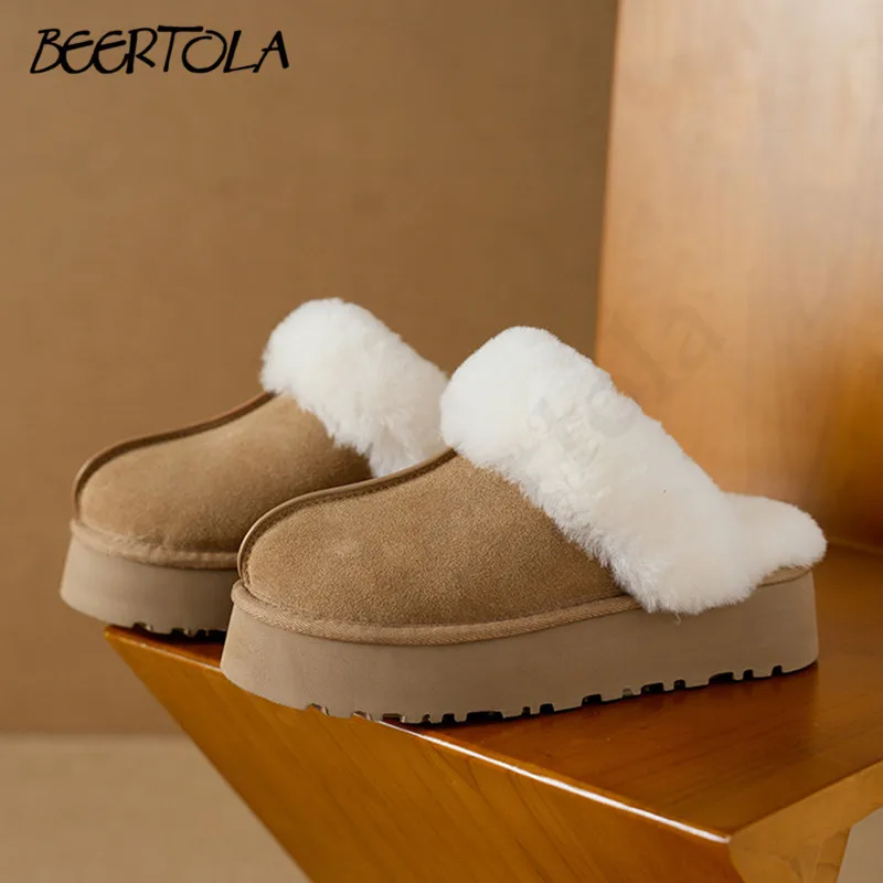 

Women's Thick-Soled Furry Slippers with Fur and Leather Backless Casual Snow Boots for Outdoor Wear Plus Velvet Warm Slippers