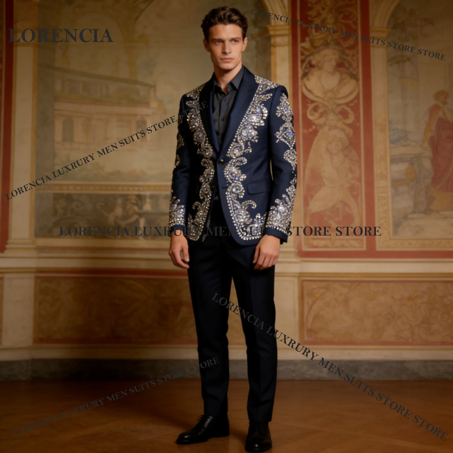 

Elegant Embroidery Men suits For Wedding Groom Sequin Diamond Male Prom Party Customized Formal Blazer 2 Pieces Set Tuxedos Slim