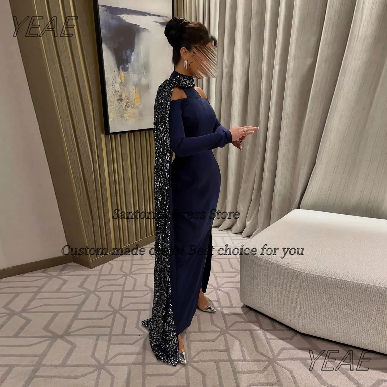 Santorini Customized Prom Dresses with Shawl Halter Neck Long Sleeves Evening Dress Women Wear Side Slit Vestidos Des Noche image 2