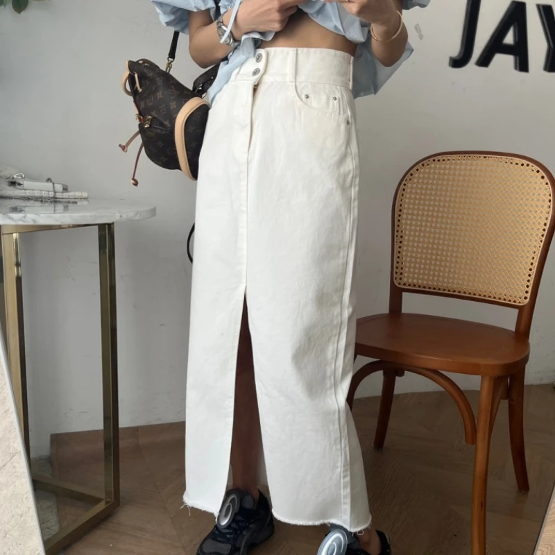 

Модная простая джинсовая юбка с разрезом на двух пуговицах Dongda Gate, женская одежда, прямая, новая, универсальная, 100% хлопок