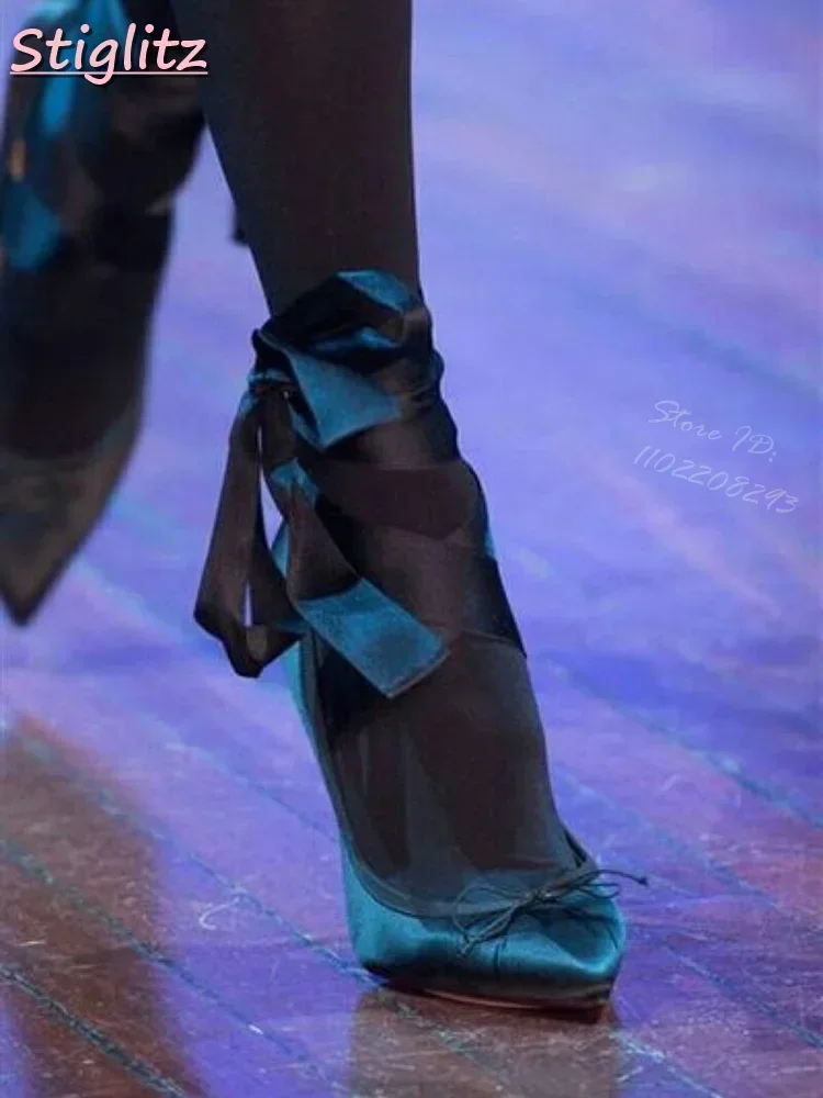Sweet Silk Riband Pumps Butterfly-knot Lace-up Thin Heels Pointed Toe Cross-tied Solid Women 2025 Summer New Dress Shoes Elegant
