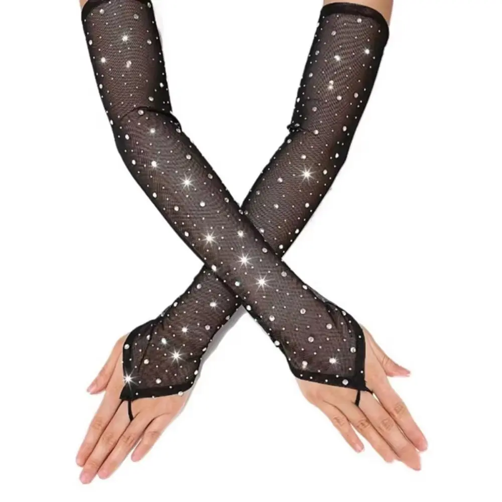Fashionable Shiny Rhinestone Mesh Gloves Mesh Sheer Glitter Long Gloves 42cm Breathable Fingerless Gloves Stage Performance
