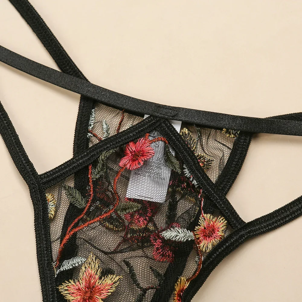 Sexy Embroidered Butterfly Mesh Underwear Set for Women, Half Transparent Unblined Bra and Thong Set, 1 Flower Underwear Set