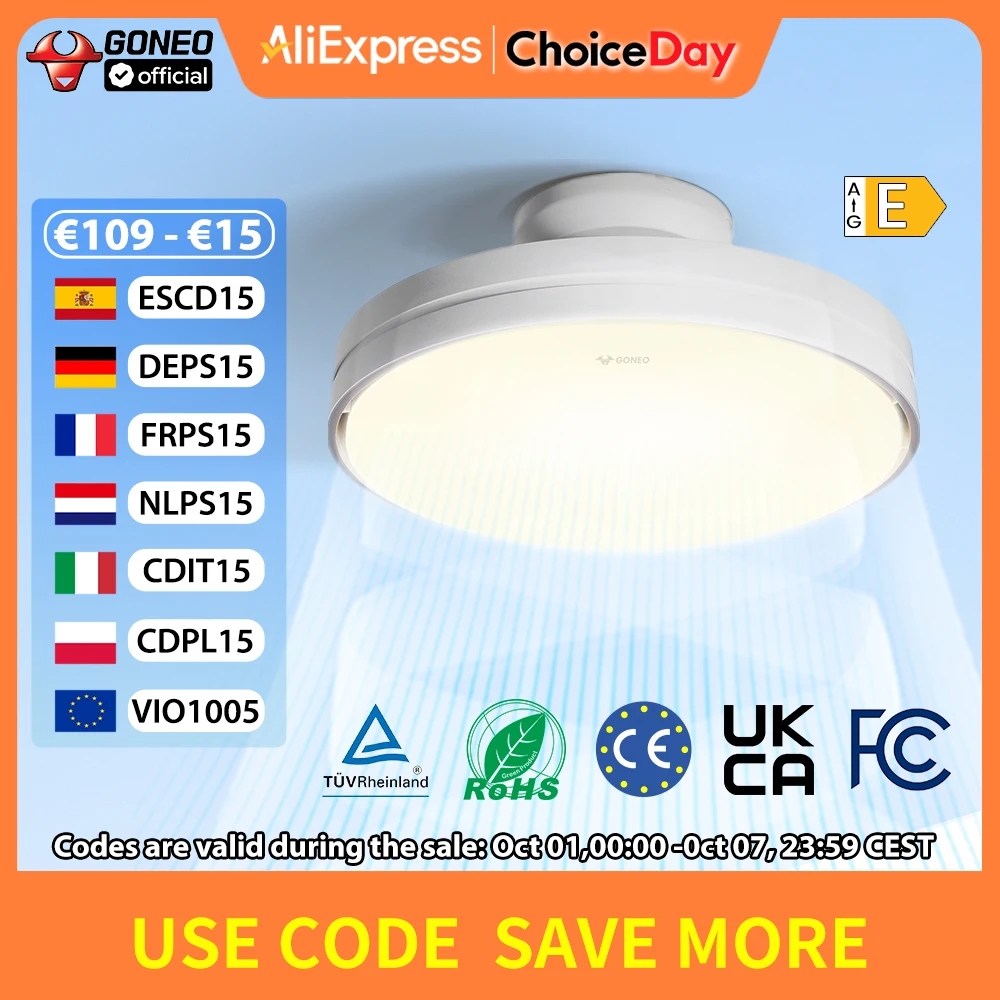 GONEO Ventilateur de Plafond Silencieux avec Lumière et Télécommande, LED Dimmable, Moteur DC 6 Vitesses Ultra-Silencieux avec Télécommande pour Chambre/Salon