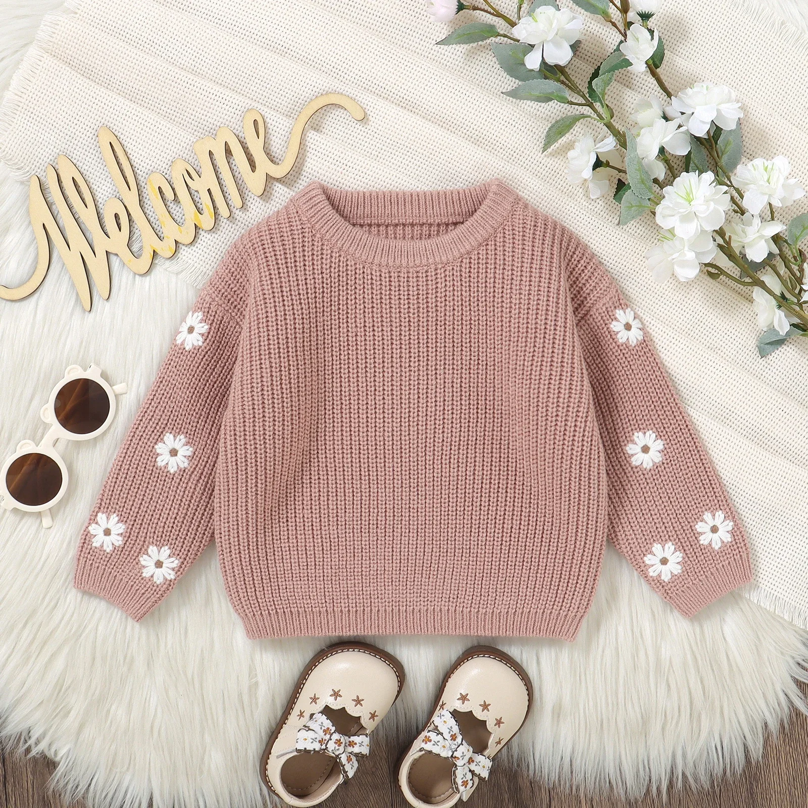 Newborn Baby Sweater for Girls Knitted Clothes Winter Warm Casual Floral Embroidery Jumper Long Sleeves Pullover Infant Knitwear