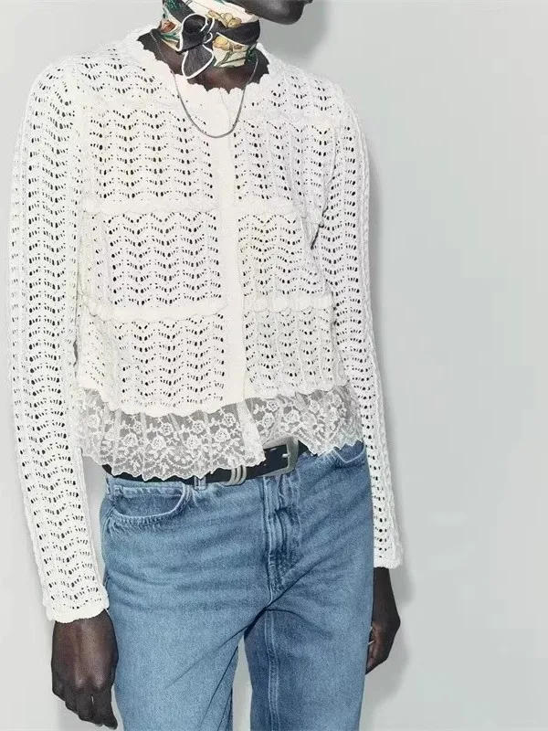 معطف نسائي محبوك من Sweet Sle مفرغ طويل Sve مستدير Ne معطف Jaet ort رومانسي أنيق للخريف وصل حديثًا 2025 #3