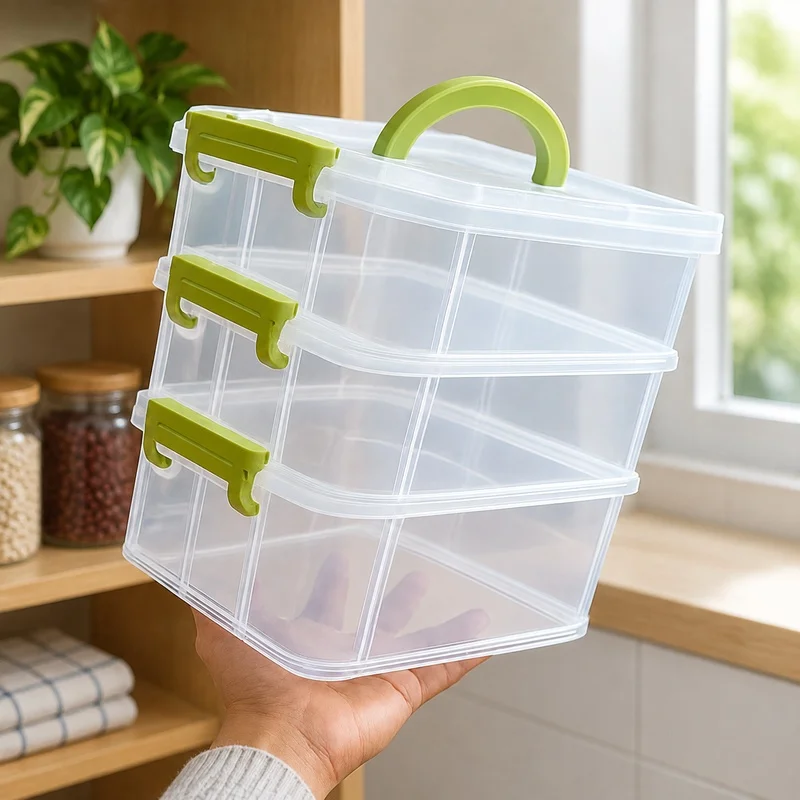 Transparent Multi-Compartment Storage Box with Four Sections, Stackable Organizer Drawer for Small Toys and Accessories