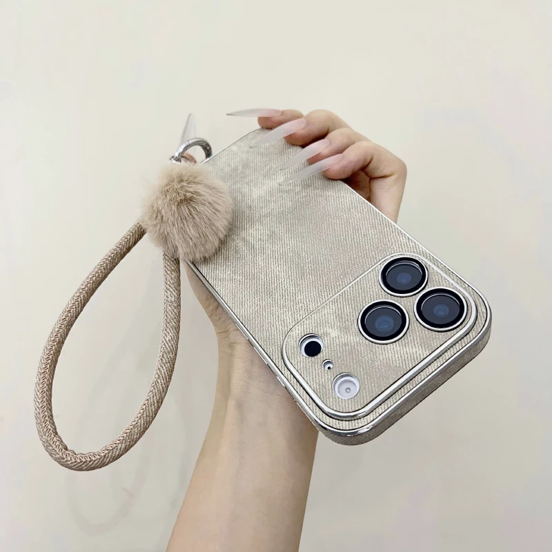 Matte Soft TPU Denim Texture PU Leather Plush Lanyard Phone Case For iPhone 17 Pro Max 15 14 13 16 Pro Max Plus Bumper Back Case view 2