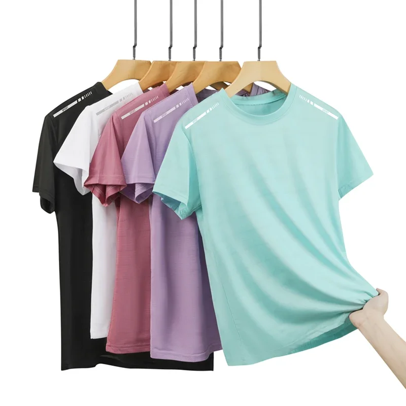 CHRLCK US/EU-Größe Damen-T-Shirt zum Wandern und Camping, Netzstoff, kurze Ärmel, Streetwear, Joggen, Laufen, Damen-T-Shirts mit reflektierenden Streifen