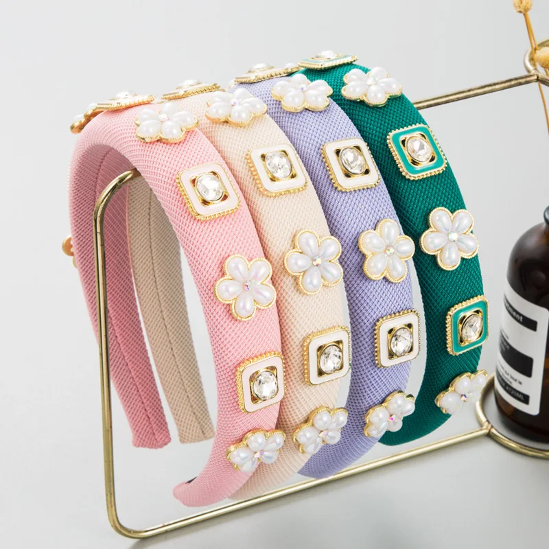 

Новая модная повязка на голову Heming: изысканные женские украшения для волос с жемчугом, цветами и стразами, оптом