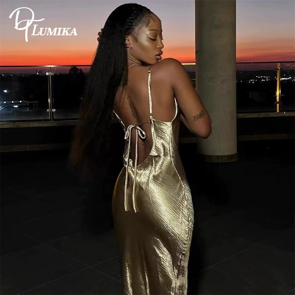 DTLumika Metallic Gold Sheath Long Party Dress Spaghetti Straps Women's Sexy Dress for Cocktail, Dating, Dinner Photo Shot