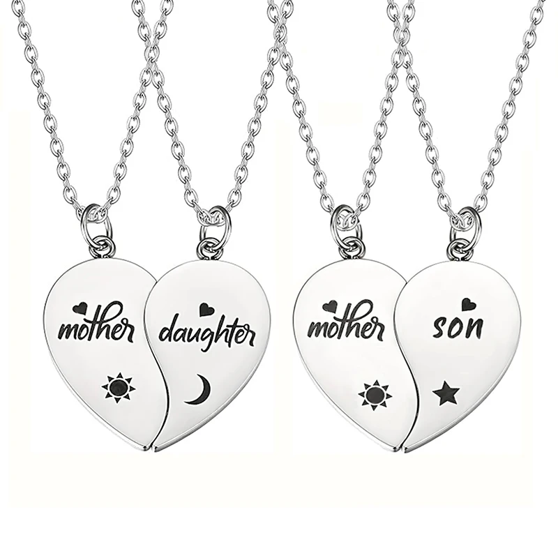 2Pcs Father Daughter Son Heart Matching Necklace Stainless Steel Mother And Children Jewelry Gifts