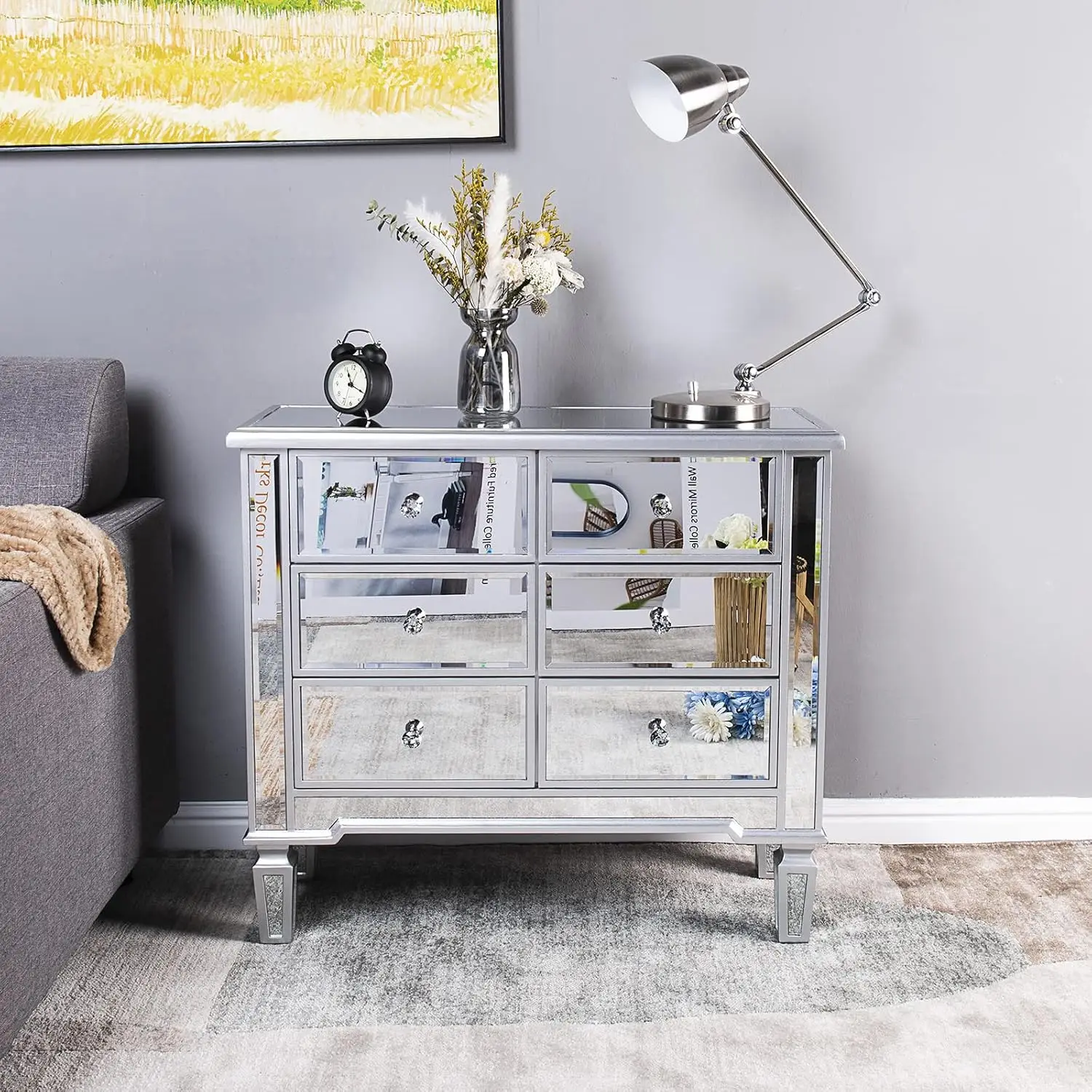 Mirrored Dresser for Bedroom with 6 Storage Drawer Modern Chest of Drawers, Silver, 32”L x 12”W x 28”H, Customized