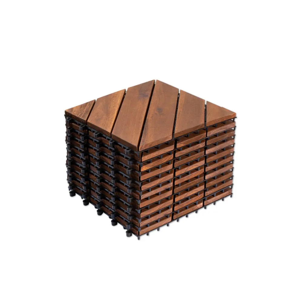 10 PCS Interlocking Deck Tiles Diagonal Pattern, 12" x 12" Acacia Wood Tiles For Patio, Waterproof, All-Weather,Outdoor Decking