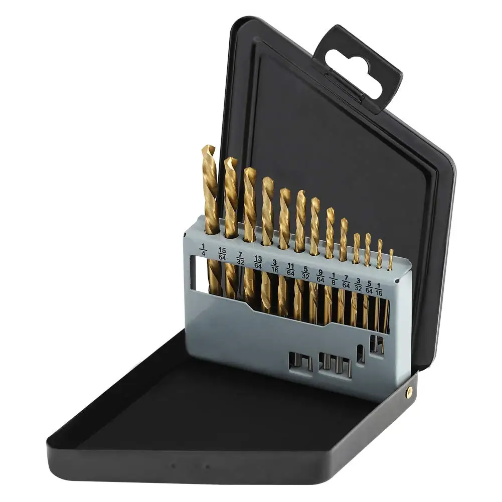 

13pcs Left Hand Drill Bit Set, SAE 1/16"-1/4", HSS M2, 135° Split Point, Titanium Coated for Metal/Plastic/Wood with Case