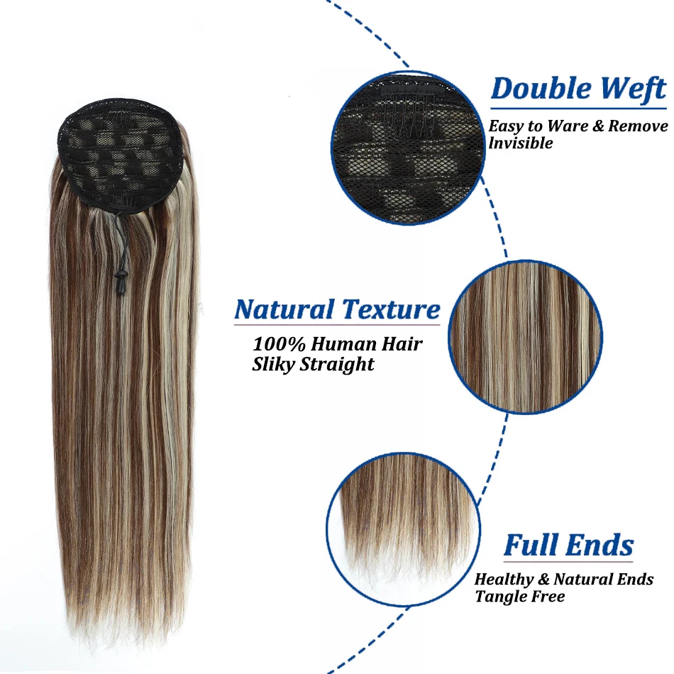 กระดูกตรง Drawstring หางม้าคลิปในส่วนขยายของผมสําหรับผู้หญิง 100% Human Hair Extensions บราซิลผมหางม้า 10-26 นิ้ว