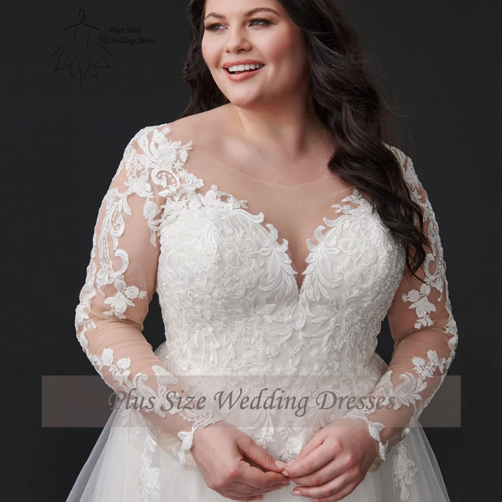 Classic V Neck Wedding Dresses Plus Size Long Sleeve A-Line Bride Gowns Applique Back Button Tiered Sweep Train Vestido De Noiva