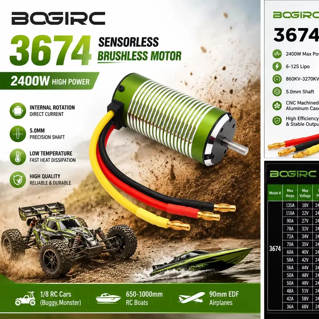 Motor BOGIRC 3674 Sem Sensor, Motor Brushless 2200/1900 com Eixo de 5.0mm para Carros RC 1/8 1/10, Buggy, Drift, Corrida Off-Road, Peças para Barco RC