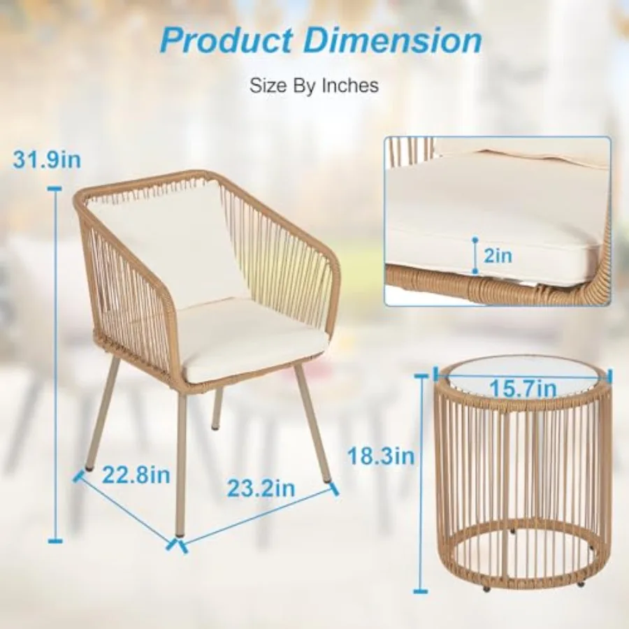 مجموعة أثاث الفناء المكونة من 3 قطع مع تصميم PE Rattan Bistro للاستخدام الخارجي تتضمن كراسي مبطنة مع وسائد قطنية من الزجاج إلى