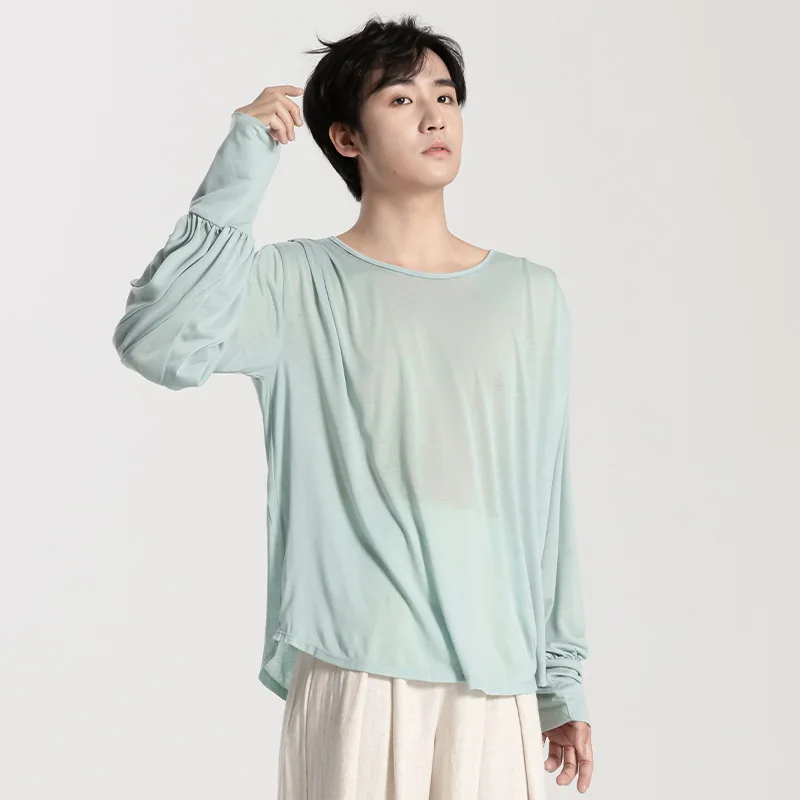 Męskie bluzki do tańca latynoamerykańskiego 2025, luźne, z długim rękawem, plisowane, typu smock, nowoczesne bluzki do tańca latynoamerykańskiego, ubrania do ćwiczeń dla nauczycieli, strój sceniczny do tańca.