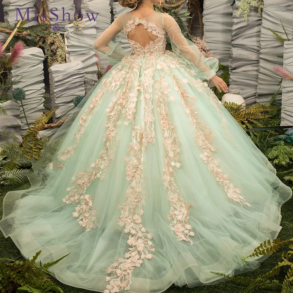 

MisShow индивидуальное пастельное зеленое платье с цветочным узором для девочек | Тюлевая юбка Fairy-Male с цветочной аппликацией Fisk и кружевной лиф | Пышные рукава