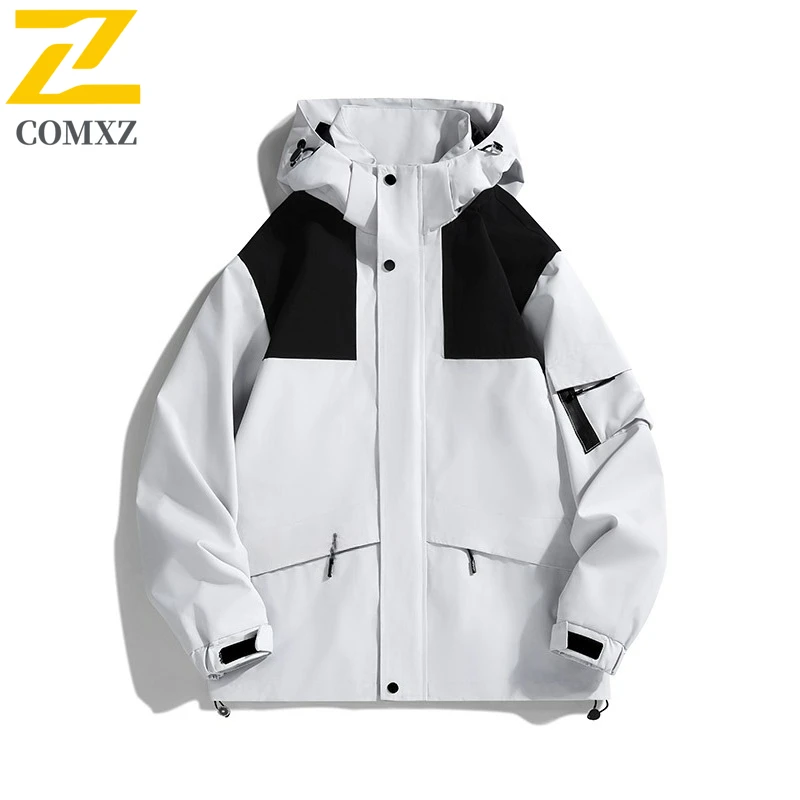 COMXZ Mens Jacket 2025 Classic Hooded Outdoor Fishing Waterproof Coat Casual Mountaineering Wear Resistant Spring Autumn Wear