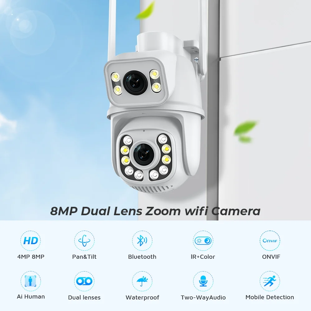 BESDER 8MP PTZ IP Camera Dual Screen Night Vision Auto Tracking CCTV Wifi Surveillance Camera Outdoor Security Protection iCSee