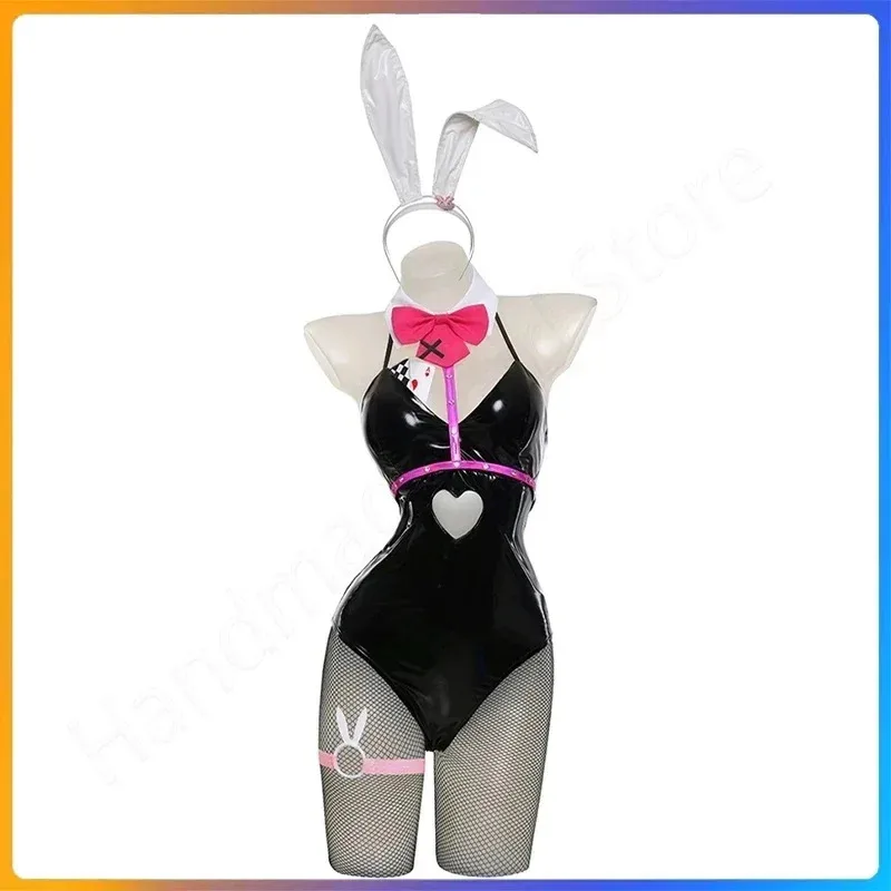 Anime Miku Rabbit Cosplay hole Black Leather Bunny Girl Sexy Cute Halloween Cosplay Costume Headdresses Clothes Bows Girl Wig