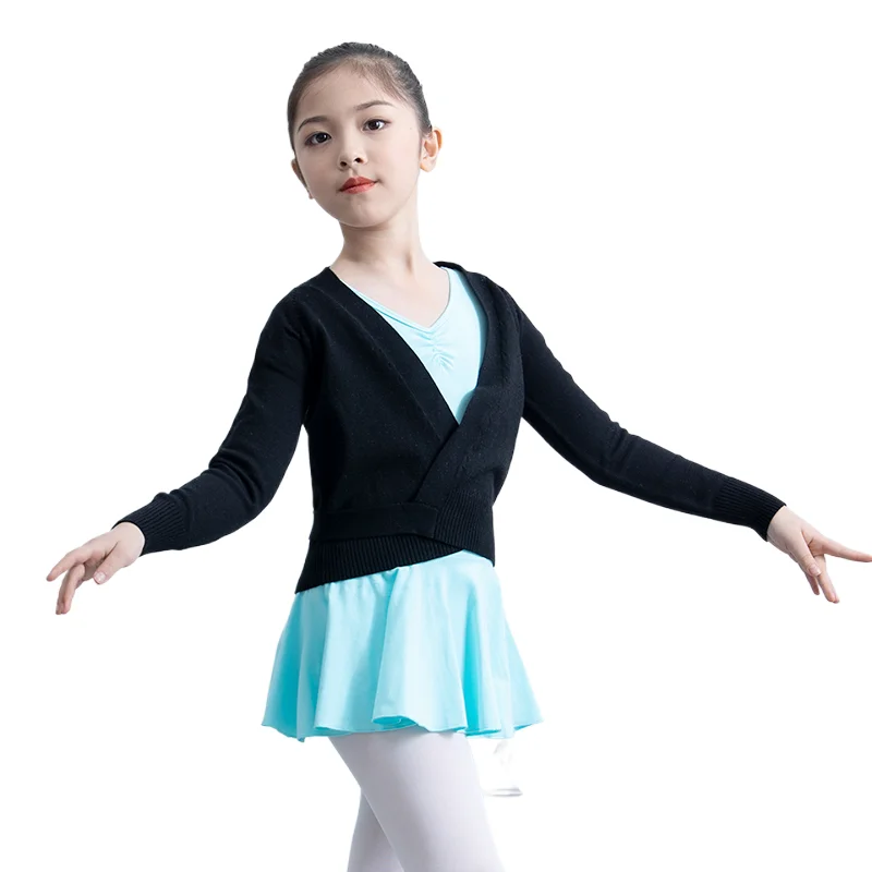 Girls' Wrap Sweater Dance Top Thick Warm Ballerina Long Sleeve Knit Cardigan Children Dress Up Class Training Basic Wear Pink