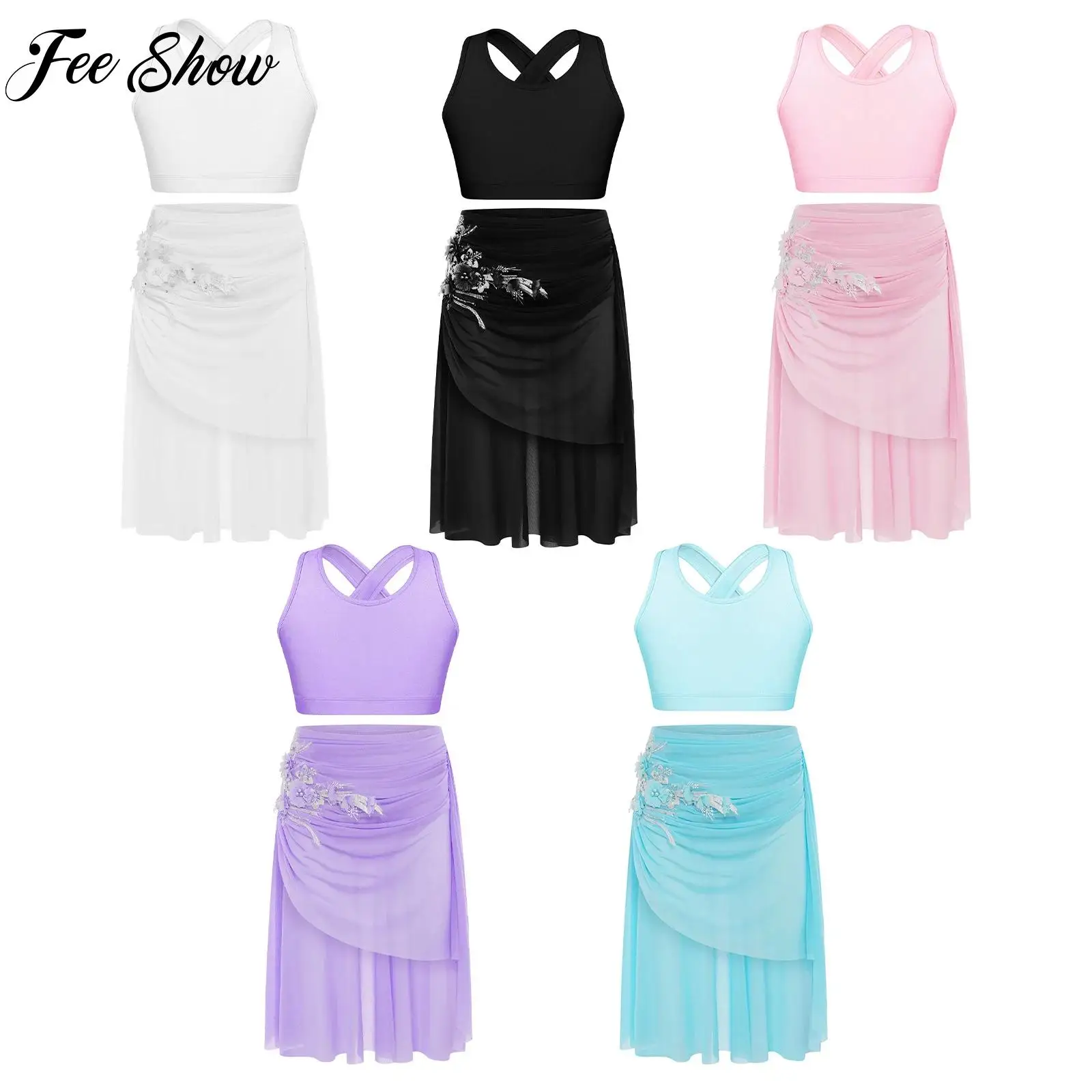 

Sleeveless Lyrical Modern Dance Costume for Girls Tops with Applique Skirts Set for Gymnastics Figure Ice Skating Dance Clothes