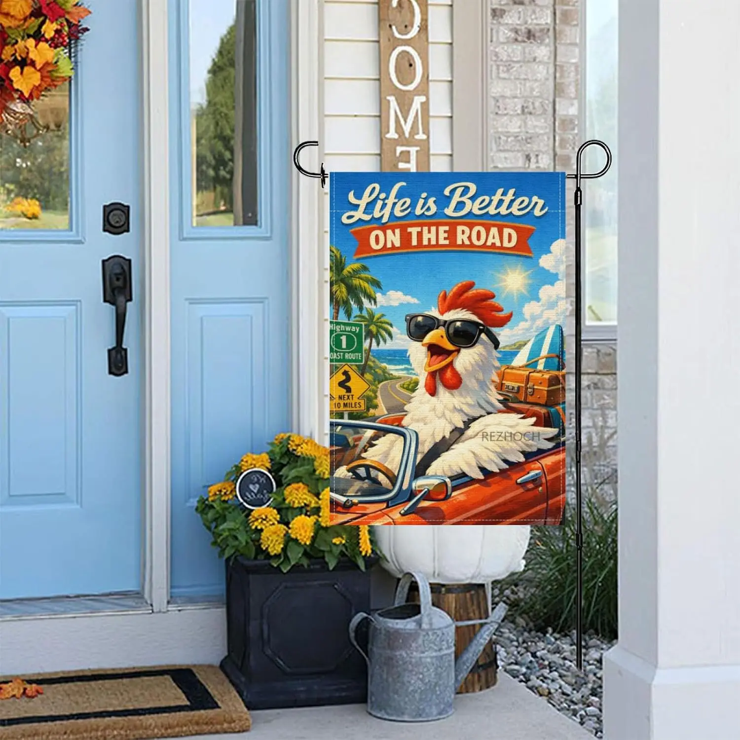 Funny Chicken Garden Flag 12x18Inch,Summer Beach Cute Animal Car Trip Yard Decor,Life is Better On The Road Coastal Holiday  yyi