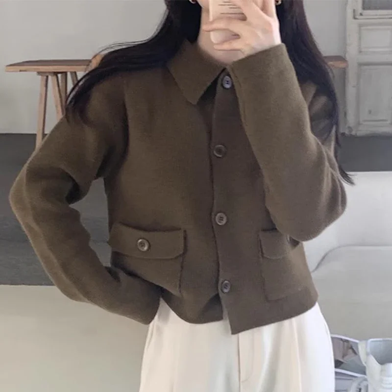 KUSAHIKI Korean Chic Autumn Winter Vintage Turn-down Collar Single Breasted Pockets Causal Knitted Cardigan Sweater Coat Women