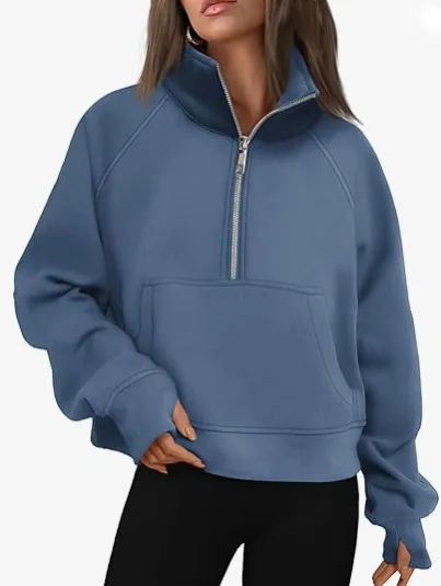 Damen Neue Half-Zip Kurze Reine Farbe Fleece Hoodie Stehkragen Jacke Lässig Bequeme Streetwear