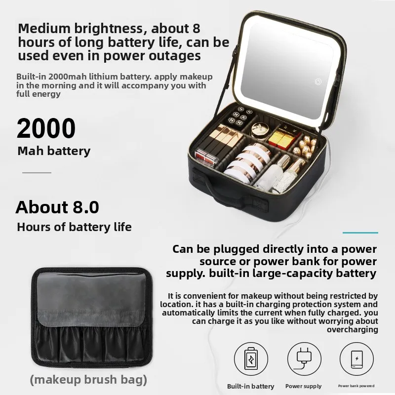 Large Capacity Cosmetic Bag with Lamp with Mirror Removable Baffle Cosmetic Storage B Ag Portable Travel Bag