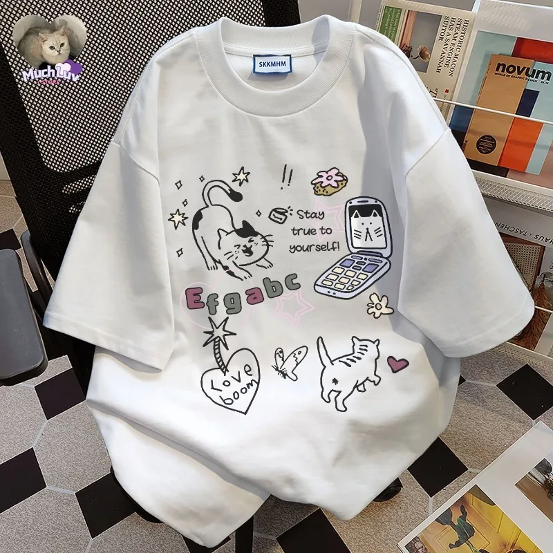 Cartoon Phone Kitten Printed T-shirt for Men and Women Summer Fashion Trend Casual Comfy Pure Cotton Couple Short Sleeve Top