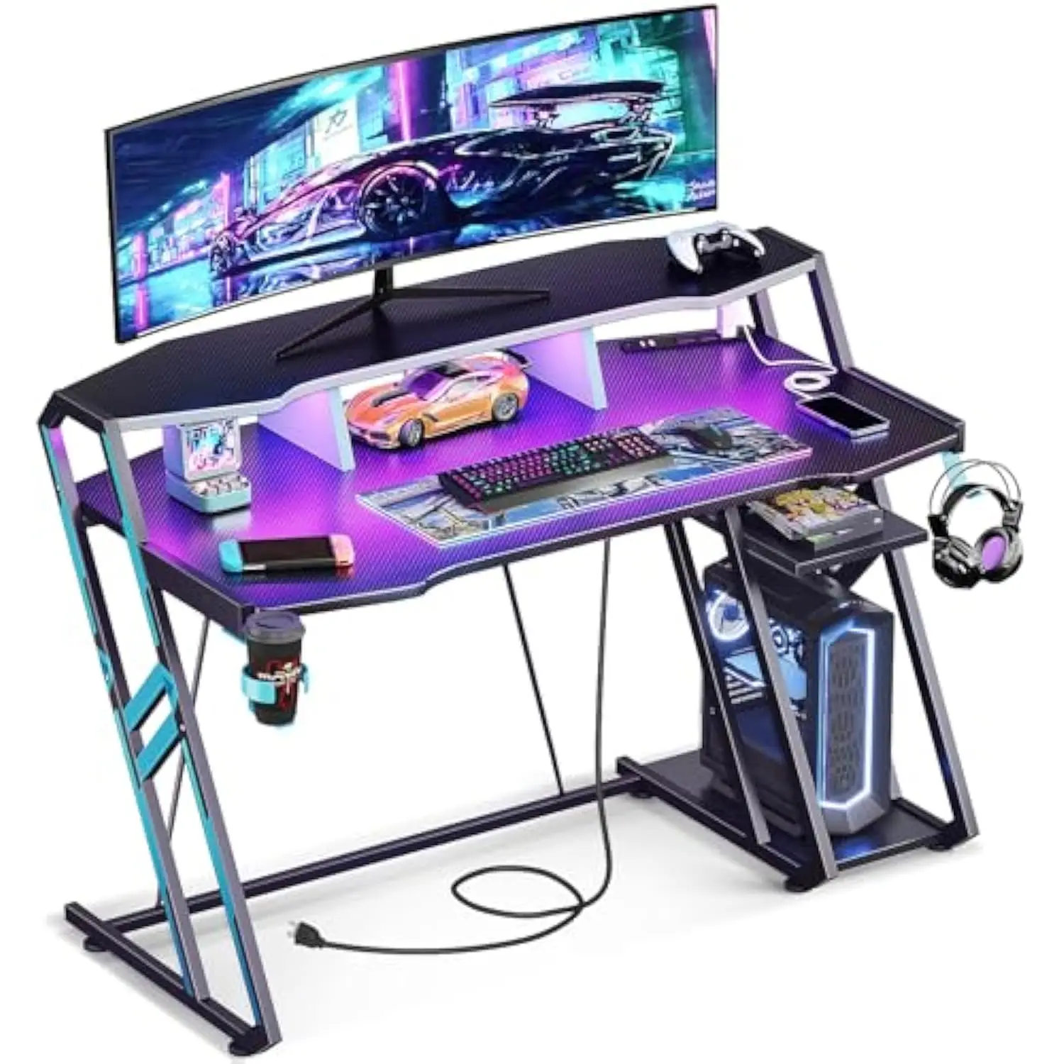 

Gaming Desk with Power Outlet & Led Lights, Gaming Computer Desk 47Inch with Pc Storage Shelf, Gaming Desk with Carbon Fiber
