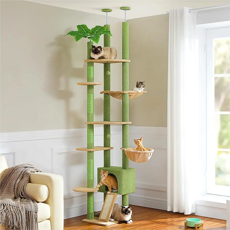 

PETEPELA Floor to Ceiling Cat Tree, Adjustable 90.5''-100.4'' Cat Tower Cactus Climbing Tree with Scratching Posts, Spacious Con