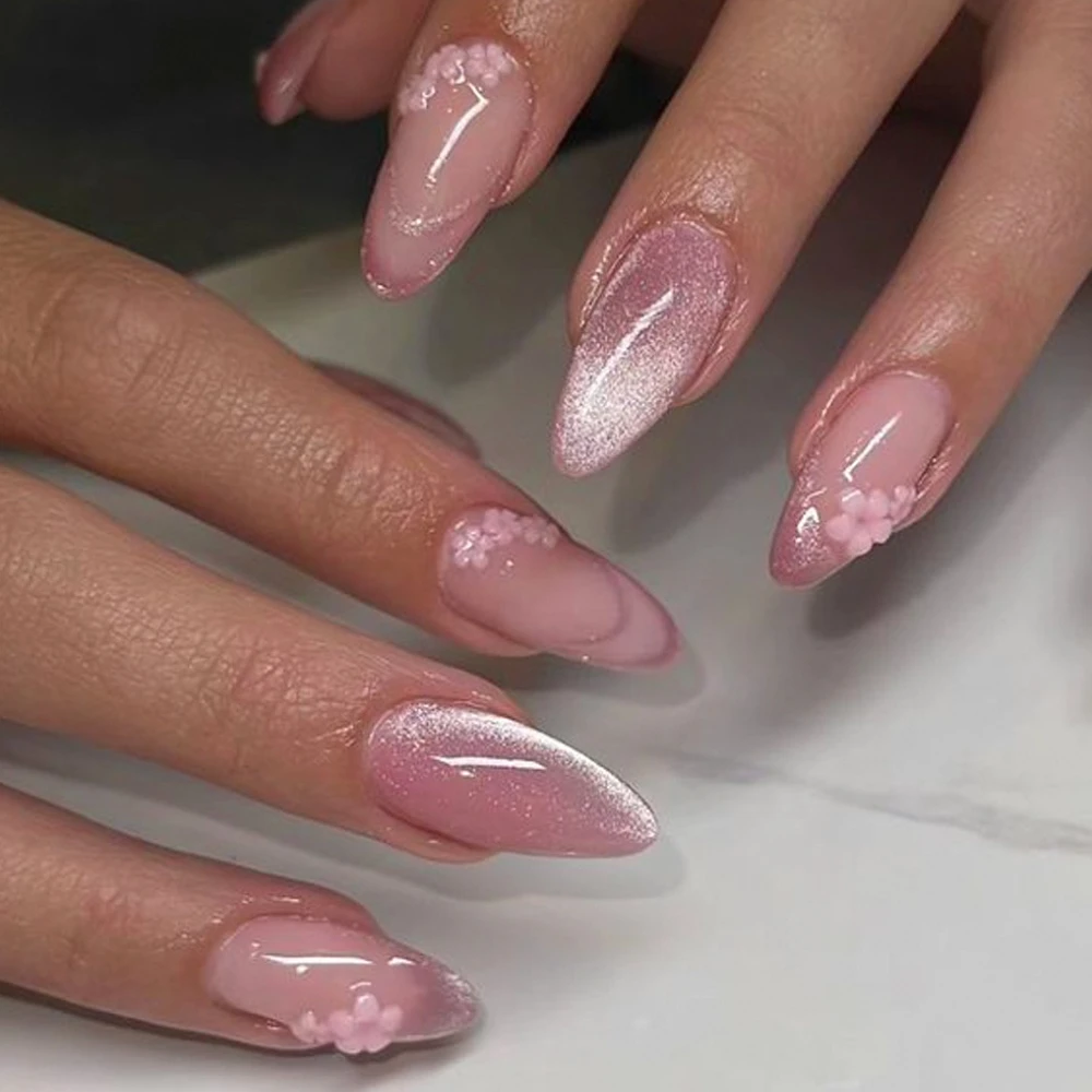 

Pink Purple Sparkling Cat Eye French Wearable Nail Art 3D Flower Shiny Fake Nails Detachable Finished False Nails Press on Nails