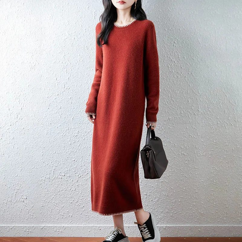 

Autumn And Winter Lace Collar 100% Pure Wool Knit Dress Long Round Neck Loose Straight Cashmere Bottoming Skirt