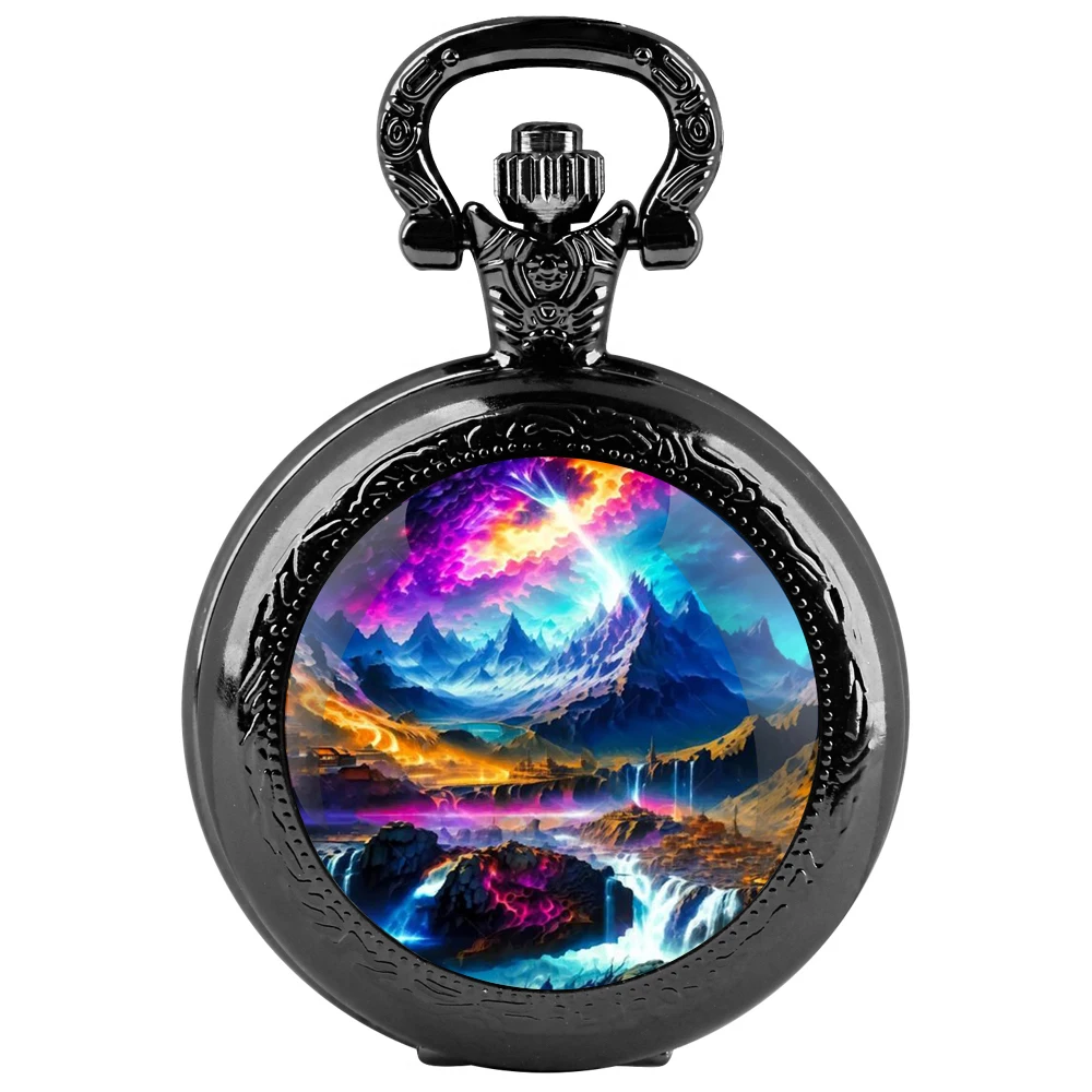 Orologio da tasca al quarzo nero con cupola in vetro Aurora World con quadrante con numeri arabi e catena resistente, regalo per uomini e donne