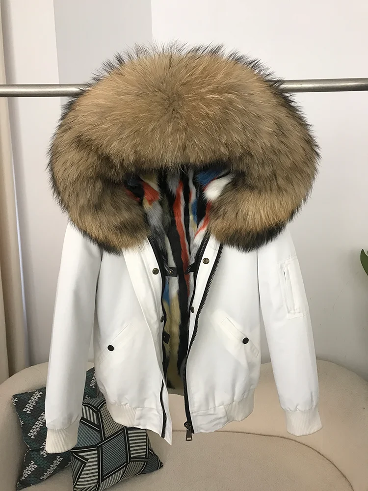 2025 Winter Natural Fur Coat Jacket Women Bomber Parka Real Raccoon Fur Collar Hooded Thick Warm Streetwear Outerwear